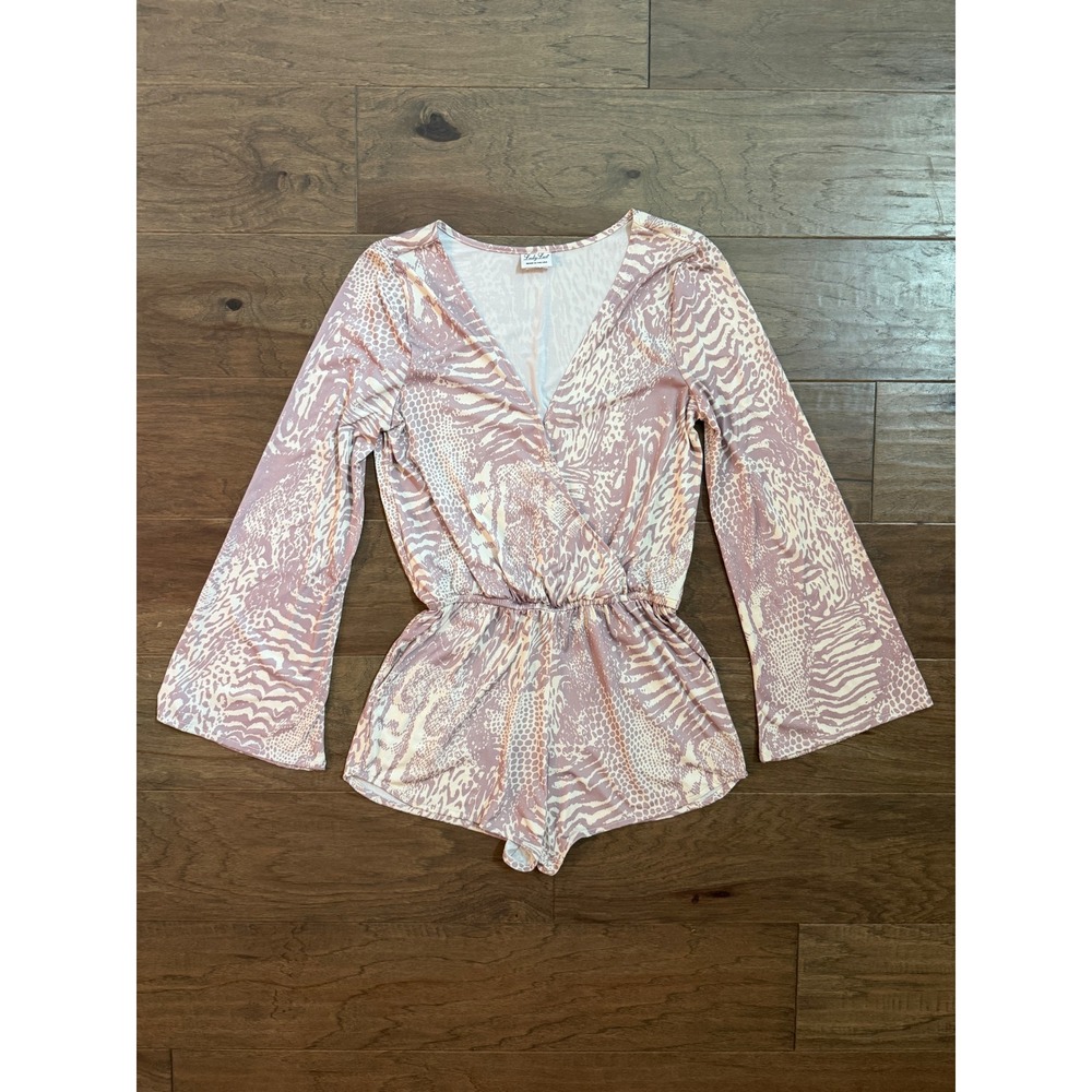Lady Lux Womens Animal Print Bell Sleeve Romper Mauve Zebra Snake V-Neck Small